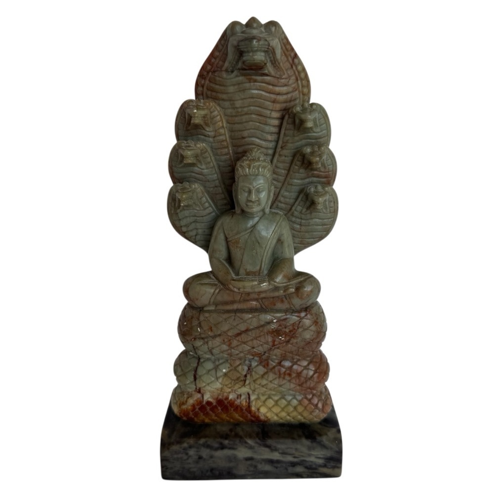 Vintage Serpentine 8" Sculpture Buddha Seven Headed Naga Mucalinda Carving Cobra